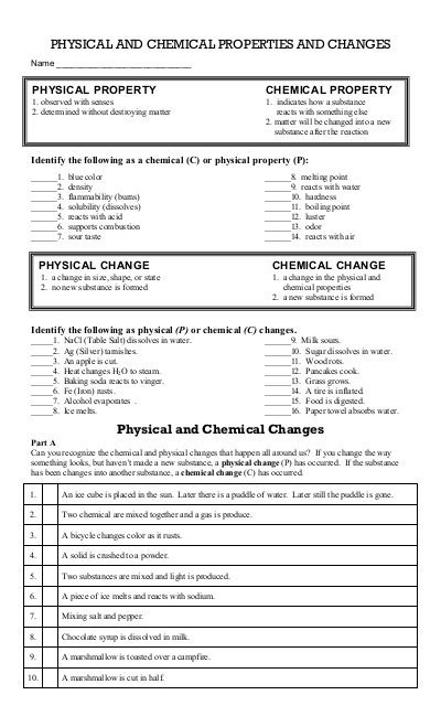 Identifying Physical And Chemical Changes Worksheet Answer Key