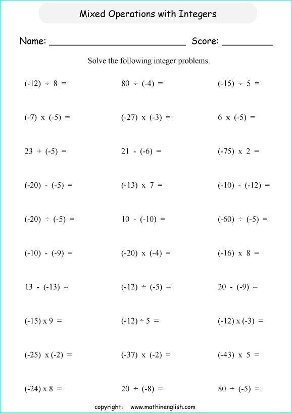 Mixed Operation Worksheet With Negative Numbers And Integers Based