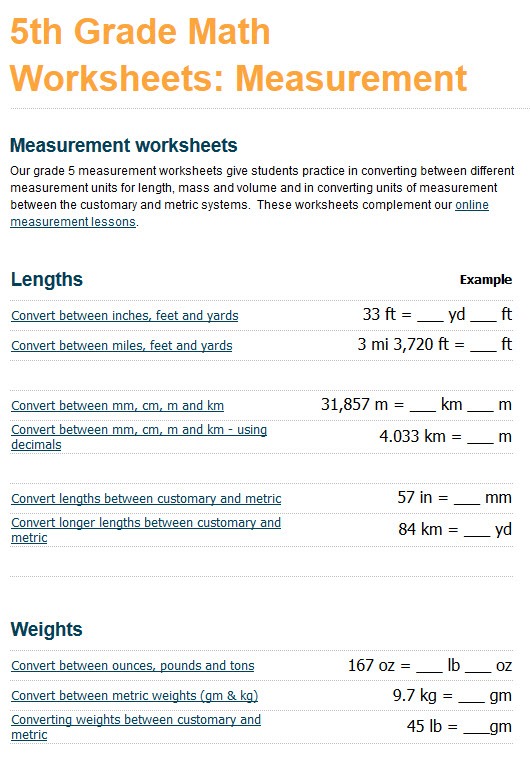 Grade 5 Measurement Worksheets