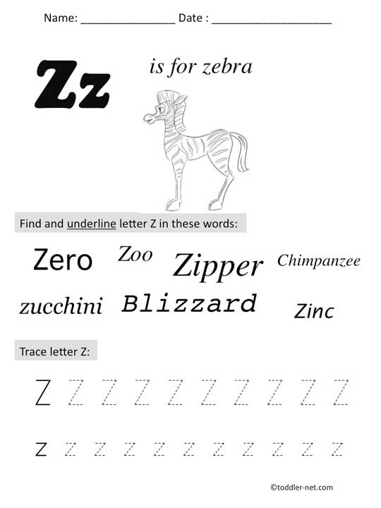 Free Printable Letter Z Preschool Worksheet