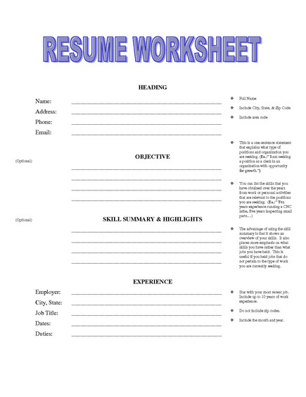Printable Resume Worksheet | Free Worksheets Samples
