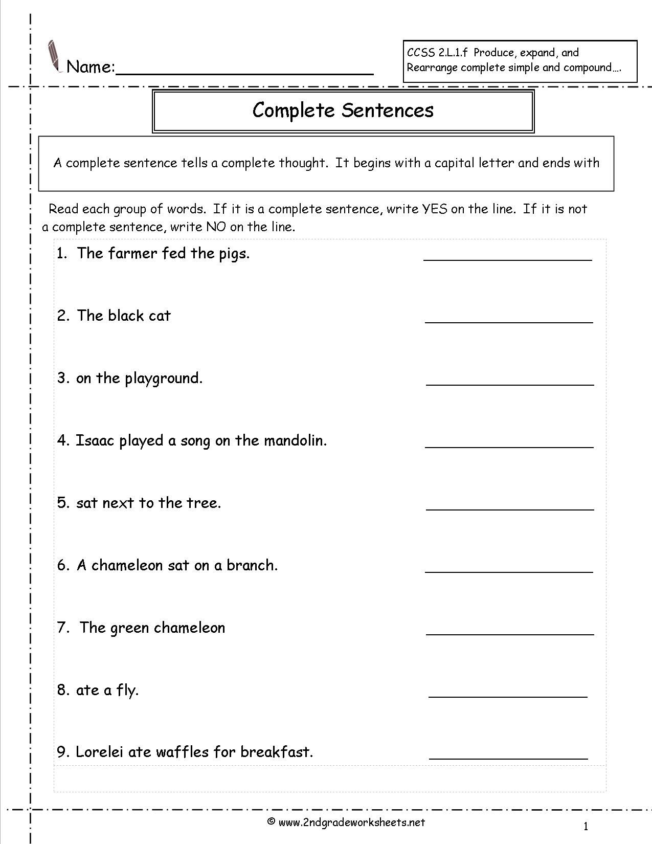Sentence Worksheets For 2nd Grade  1123241