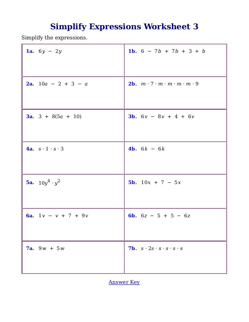 Simplifying Algebra Worksheet Year 7