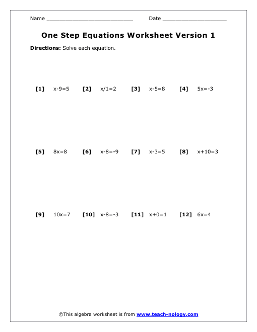 One And Two Step Equations Worksheet  Equations