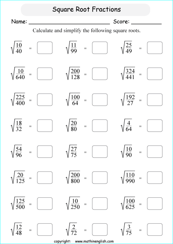 Calculate The Square Roots Of Fractions Math Worksheet For Grade 6