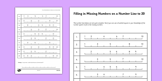 Filling In The Missing Numbers On A Number Line To 20 Worksheet