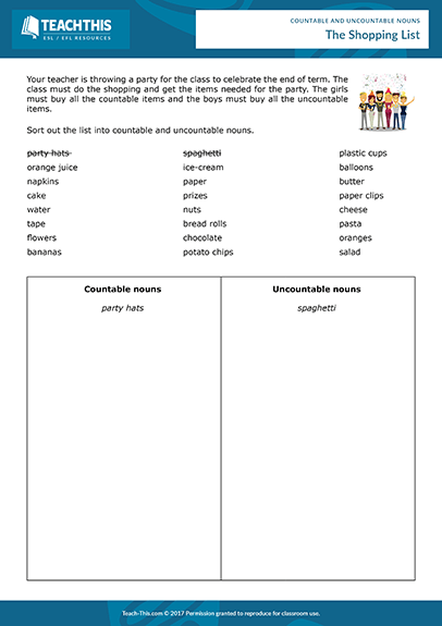 Countable Uncountable Nouns Games Esl Activities Worksheets