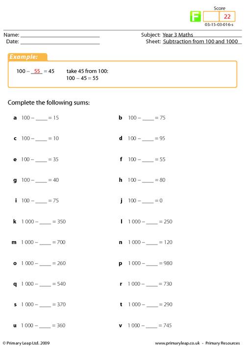 Horizontal Subtraction From 100 And 1000
