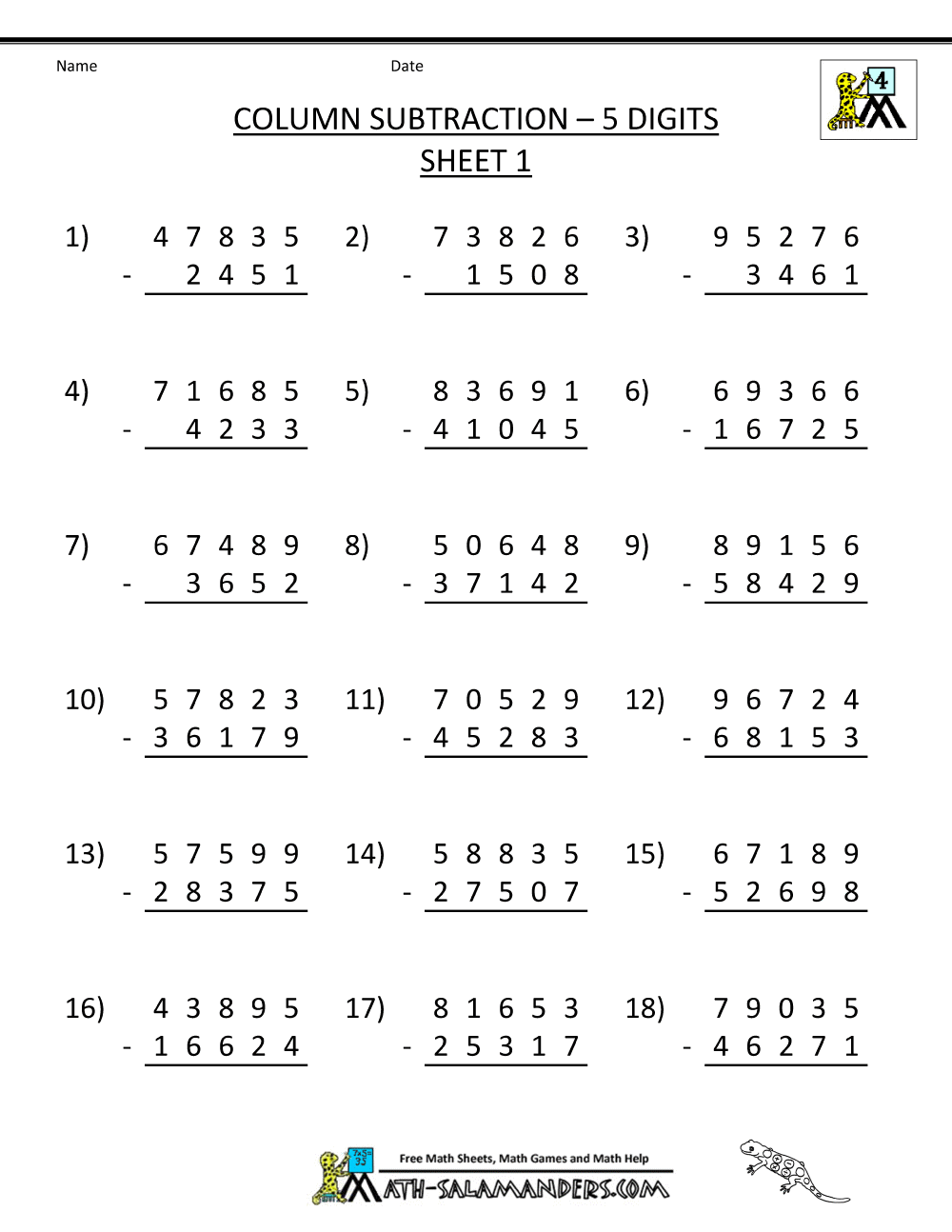Subtraction Worksheets For 4th Grade