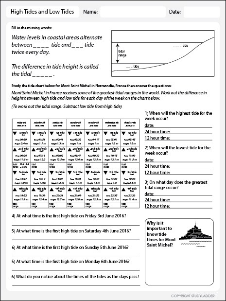 High And Low Tides Worksheet, Theme Based Learning Skills Online