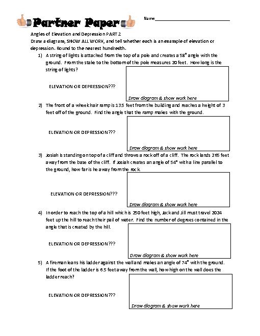 Angles Of Elevation & Depression Partner Paper Part 2