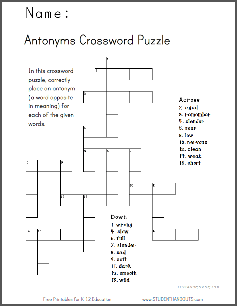 Antonyms Crossword Puzzle Worksheet