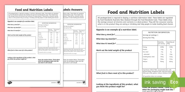 Food And Nutrition Labels Worksheet   Activity Sheet
