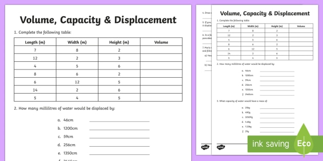 Volume Capacity Displacement Worksheet   Activity Sheet