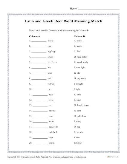 Greek And Latin Root Words Worksheets