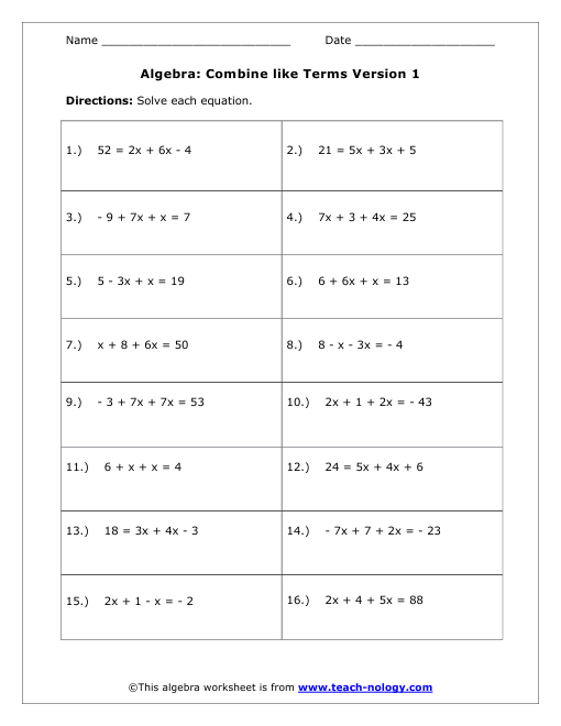 Combine Like Terms Equations Worksheet Worksheets For All
