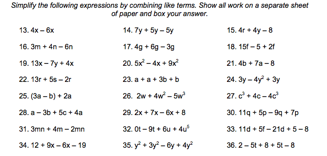 Combining Like Terms Worksheet 7th Grade Worksheets For All
