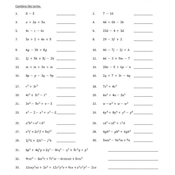 Combining Like Terms Worksheet 8th Grade Worksheets For All