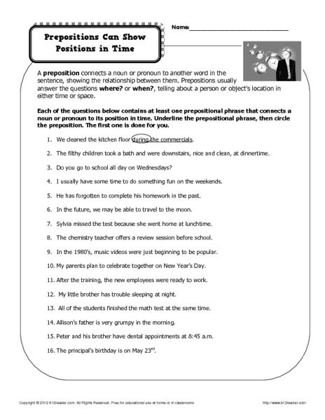 Prepositions Can Show Positions In Time 6th 8th Grade Worksheet