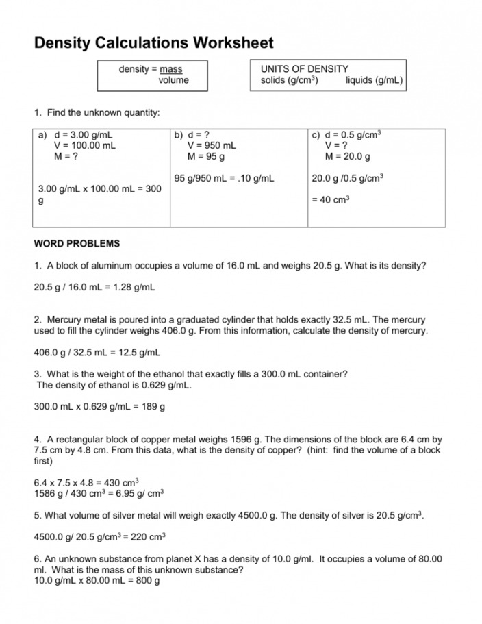 Density Calculations Worksheet 1 Modified Image Of Density