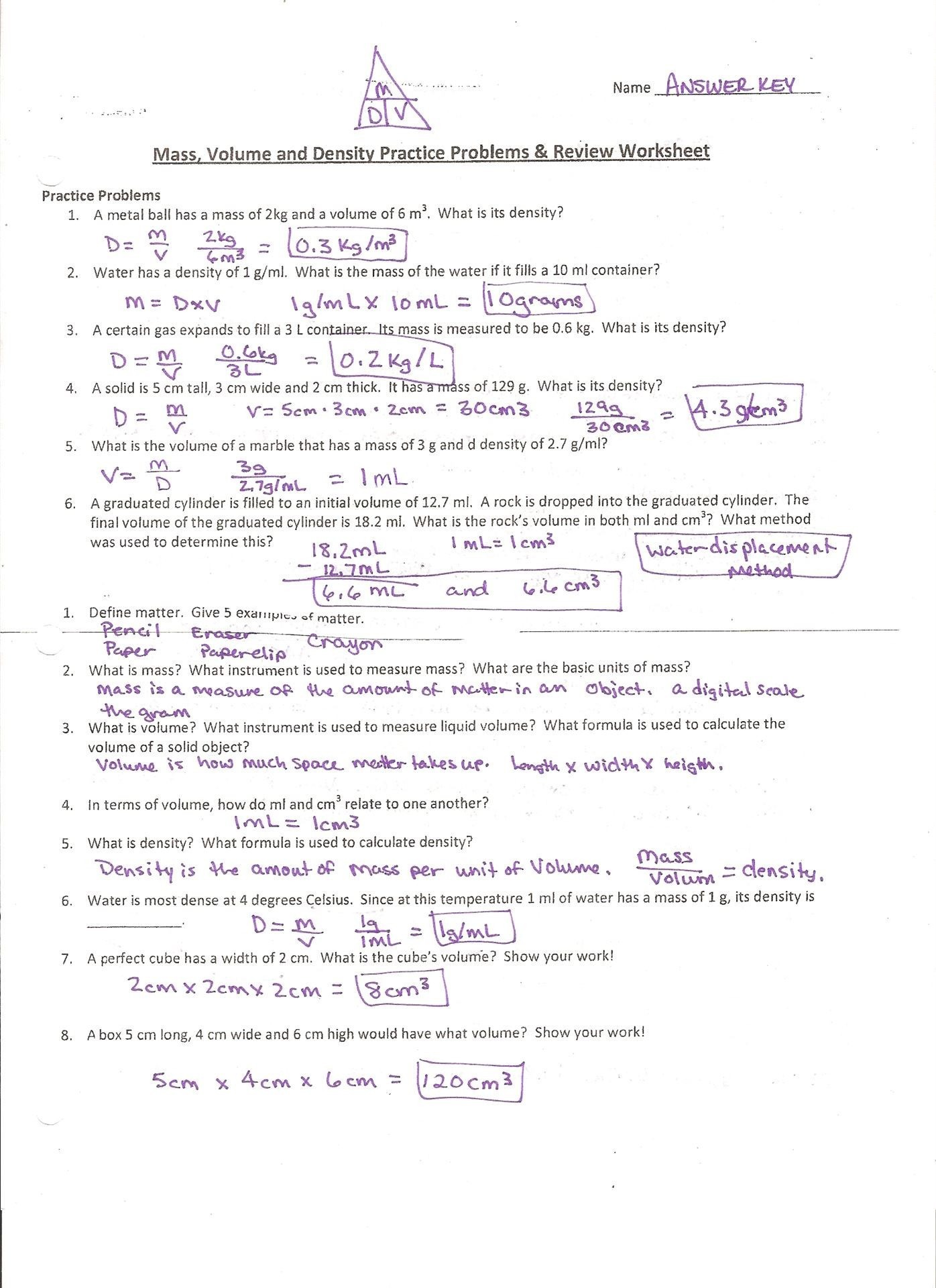 Density Calculations Worksheet 1