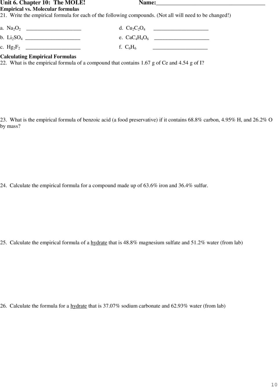 Percent Composition And Empirical Formula Worksheet Answer Key