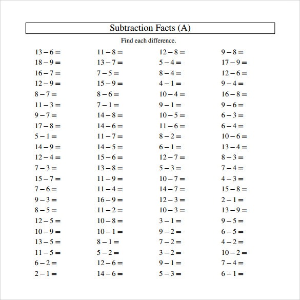 Sample Horizontal Subtraction Facts Worksheet