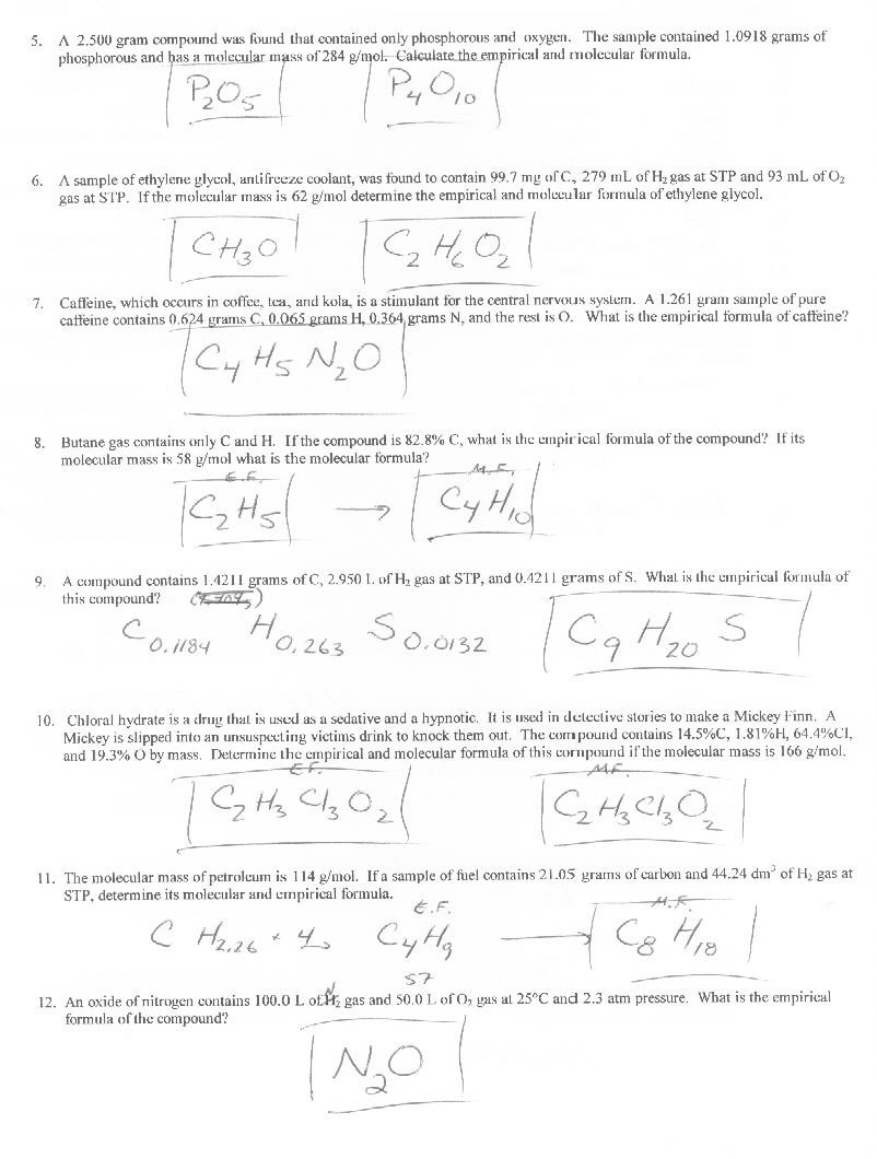 Percent Composition And Empirical Formula Worksheet Answer Key