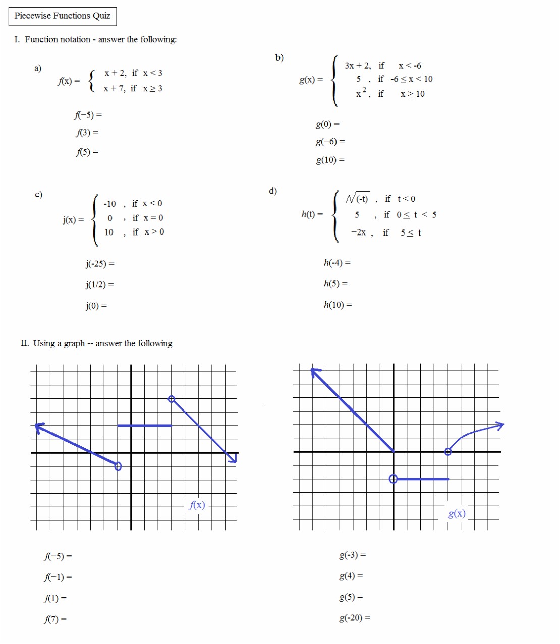 Piecewise Functions Worksheet 2 Answer Key