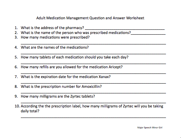Speechie Freebies  Medication Management Worksheet