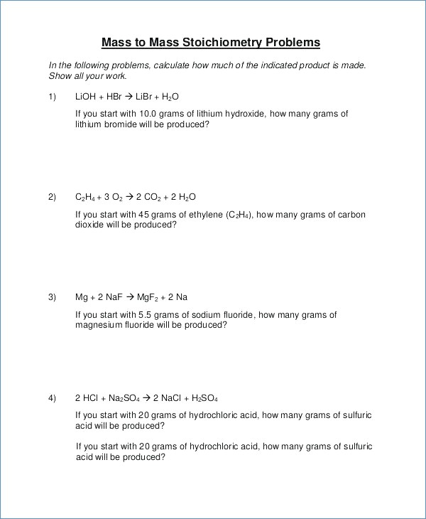 Stoichiometry Mass Mass Problems Worksheet Answers