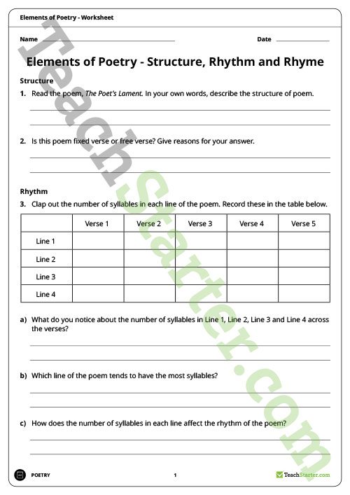 Elements Of Poetry Worksheet