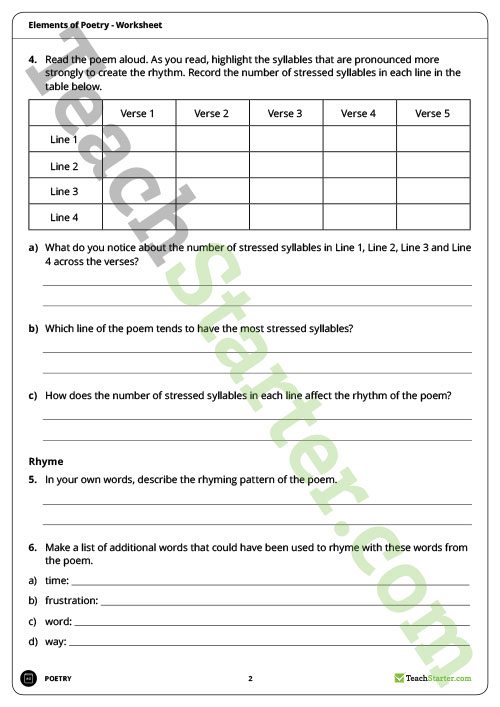 Elements Of Poetry Worksheet