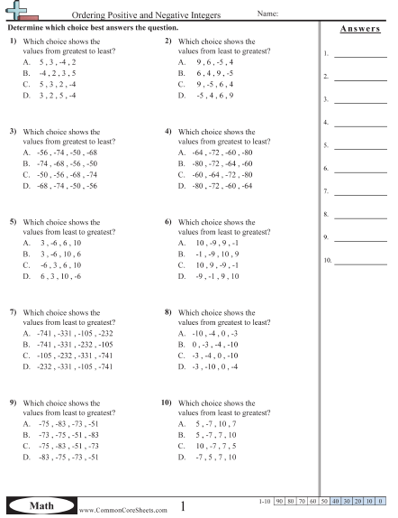 Negative Number Worksheets