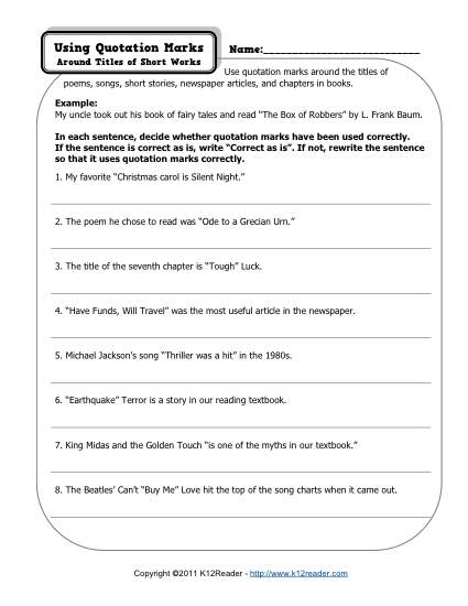 Quotation Marks Worksheets 3rd Grade