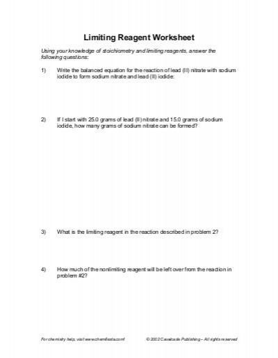 Limiting Reagent Worksheet (c)2002 Cavalcade Publishing, All
