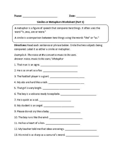 Similes And Metaphors Worksheets