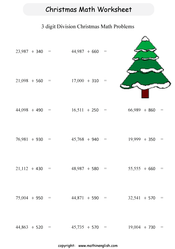 Printable Christmas 3 Digit Division Math Worksheets For Kids In