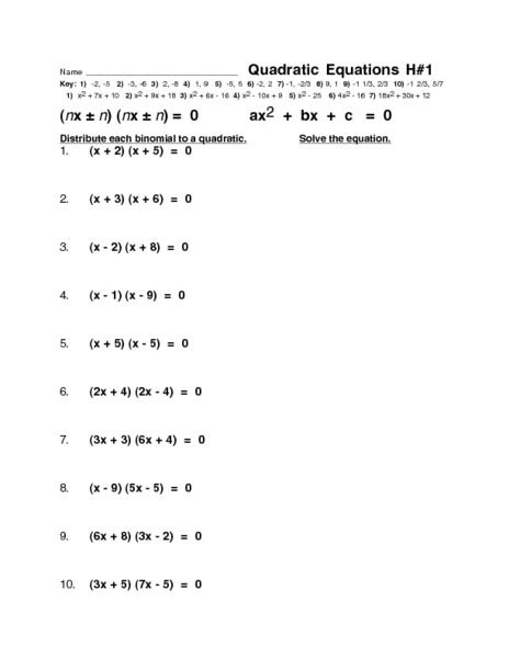 Quadratic Formula Worksheets