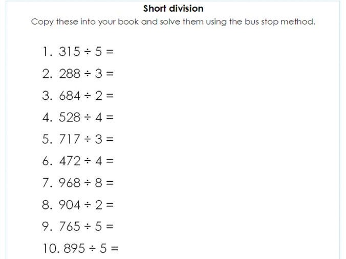 Year 5   6 Short Division Using The Bus Stop Method