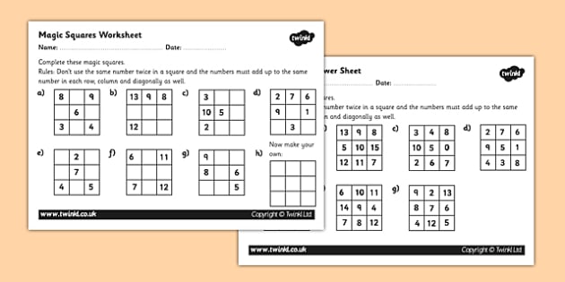 Magic Squares Worksheet   Activity Sheet