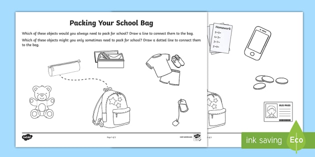 Packing Your School Bag Worksheet   Activity Sheet