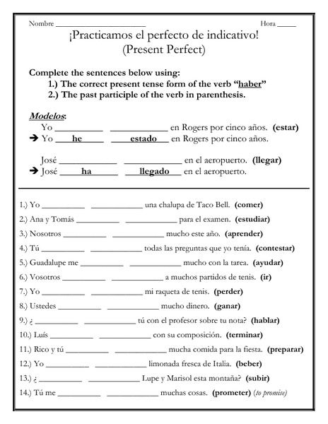 Worksheets On Present Perfect Spanish