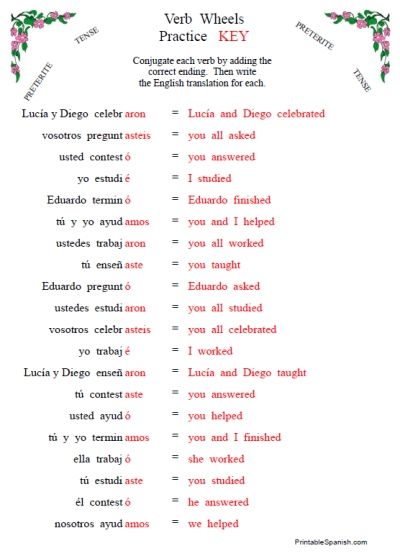 Verbs Preterite Tense Conjugation Translation Worksheet Answer