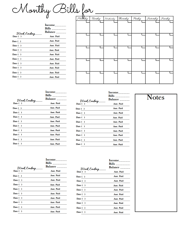 Worksheet To Keep Track Of Paid Monthly Bills