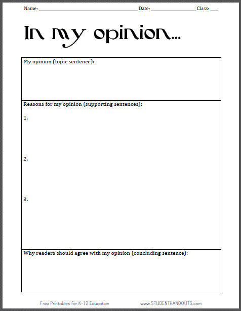 In My Opinion Persuasive Writing Worksheet For Kids, Free To