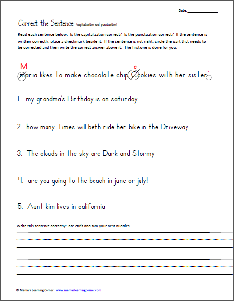 Correct The Sentence! (capitalization And Punctuation Worksheet