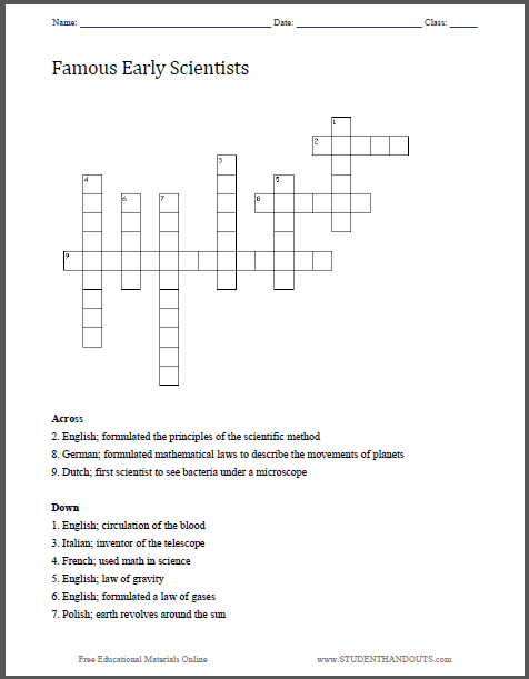 Famous Early Scientists Crossword Puzzle