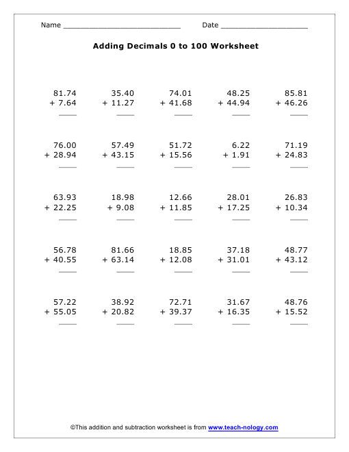 Adding Whole Numbers And Decimals Worksheet