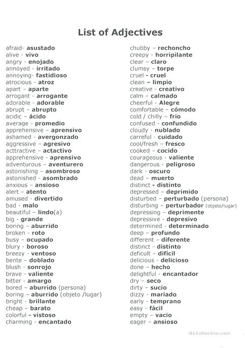 Beginning Worksheets Basic To Conjugation - Adjectives In And Worksheet Free Printable Spanish To English Worksheets For Adults Reading Comprehension Exercises 1 9 